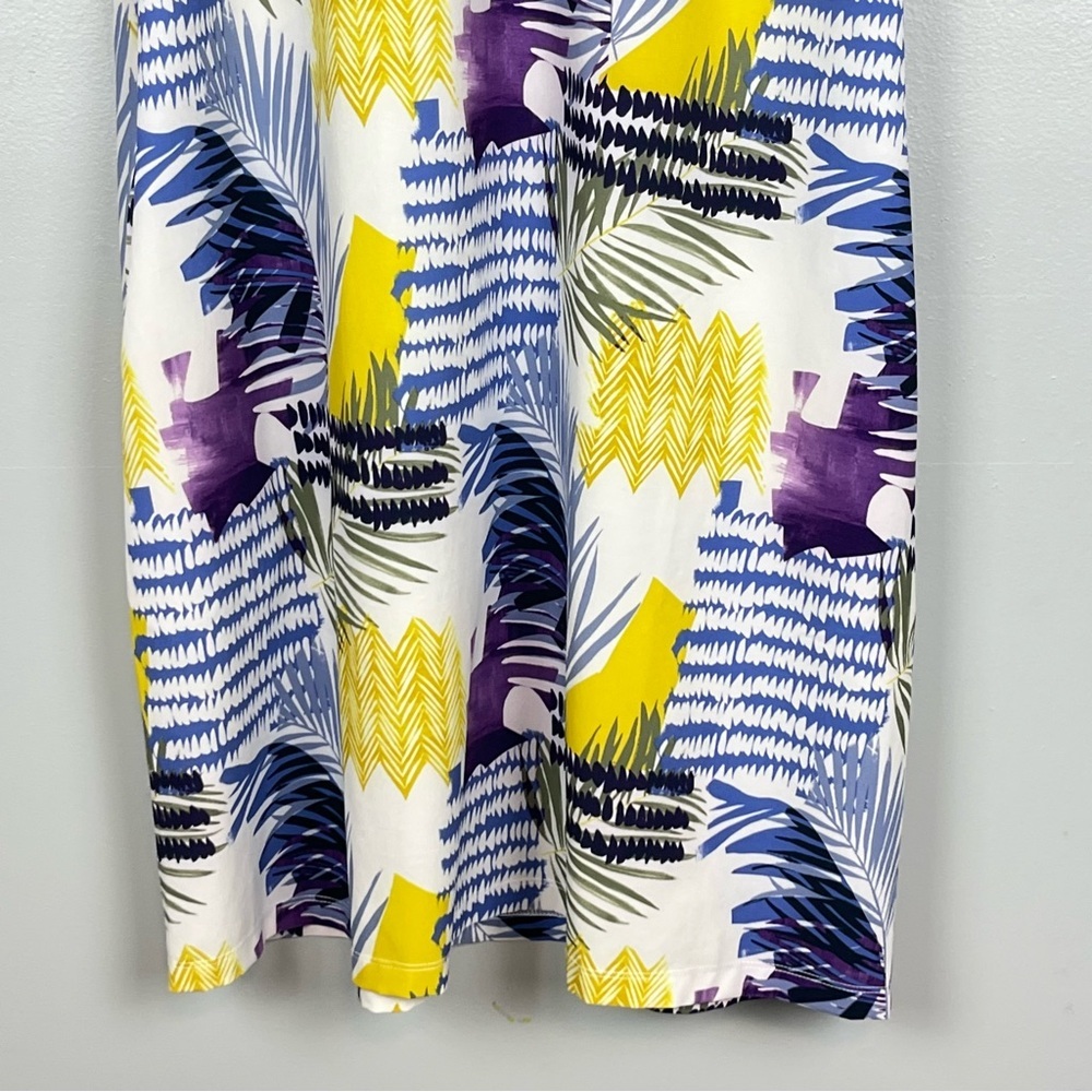 Chico’s blue & yellow ruffle cap sleeve performance material dress, large. - Picture 4 of 8